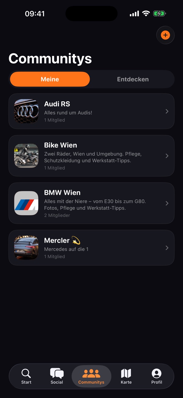 Die Liste der Communitys in GRTL: Audi RS, Bike Wien, BMW Wien und Mercler.