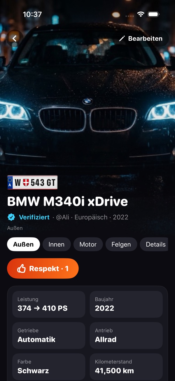 Die Seite eines Fahrzeugs in GRTL: großes Foto, Kennzeichen, Name, Knopf Respekt und Fahrzeugdaten.