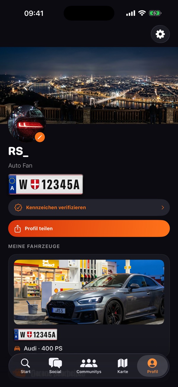 Ein Profil in GRTL mit Kennzeichen, Knopf zum Teilen und der Garage mit einem Fahrzeug.