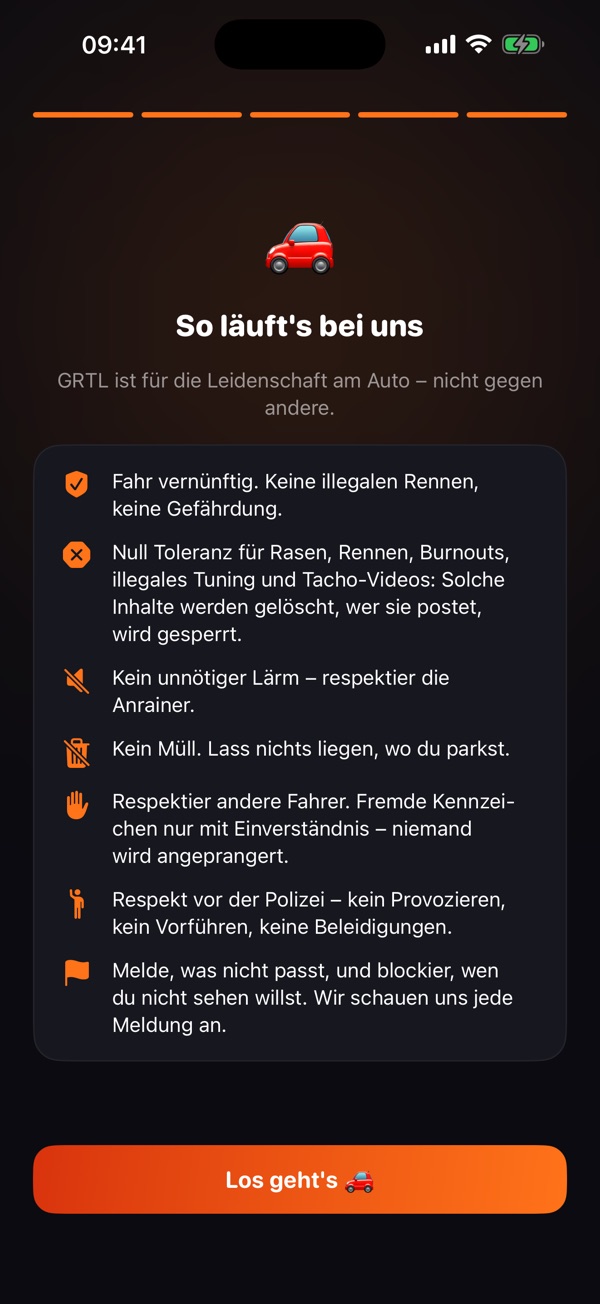 Der Bildschirm „So läuft's bei uns“ in GRTL mit den Regeln der Community.