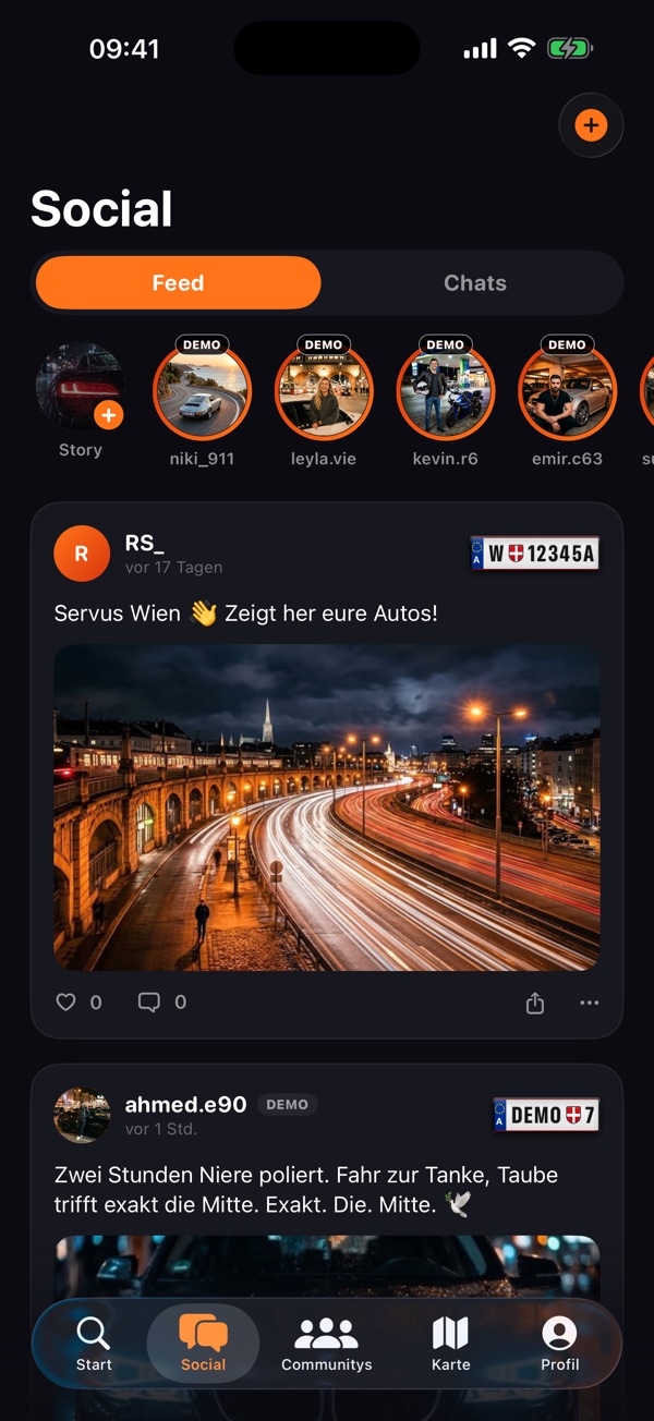 Der Feed in GRTL: oben Stories von Profilen, darunter Beiträge mit Fotos.