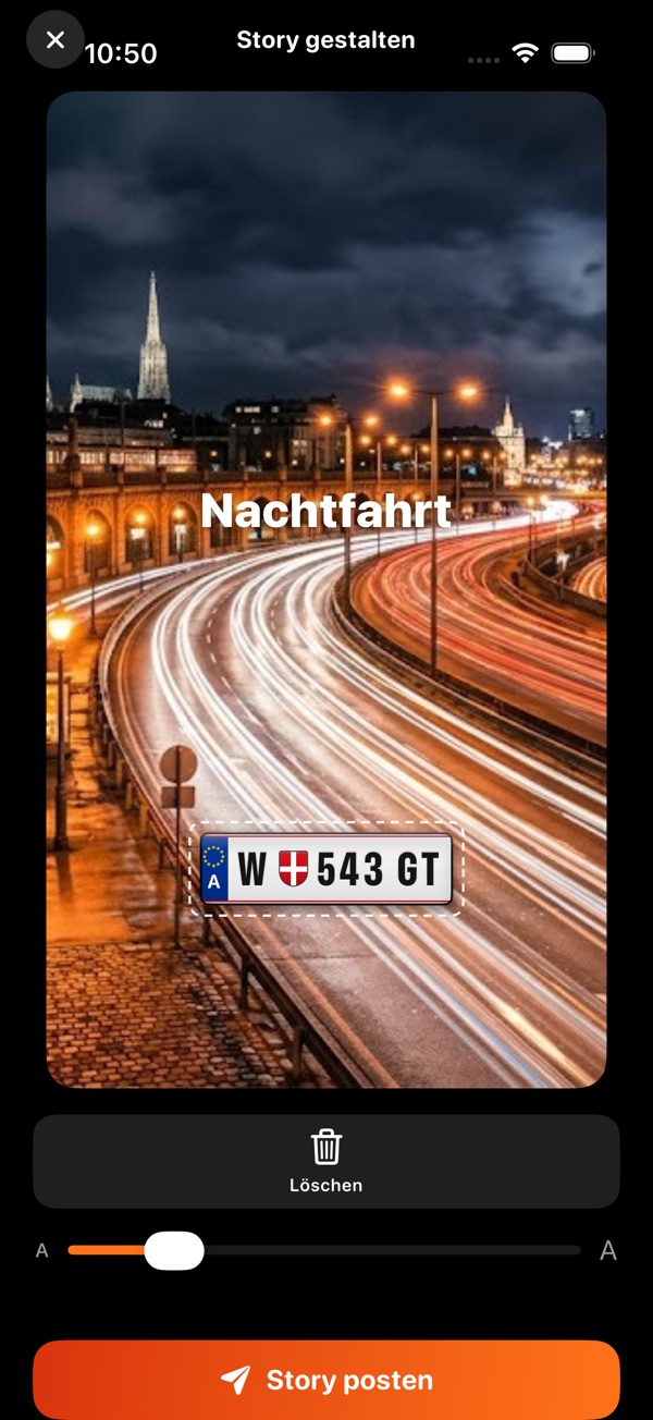 Der Story-Editor in GRTL: ein Nachtfoto von einer Wiener Straße mit dem Wort Nachtfahrt und einem Kennzeichen als Aufkleber.