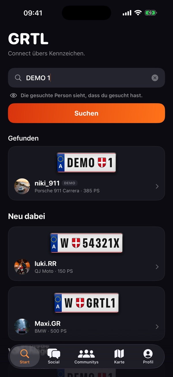 Die Suche in GRTL: Das Kennzeichen DEMO 1 ist eingegeben, darunter steht ein Treffer mit Profilbild und Fahrzeug.