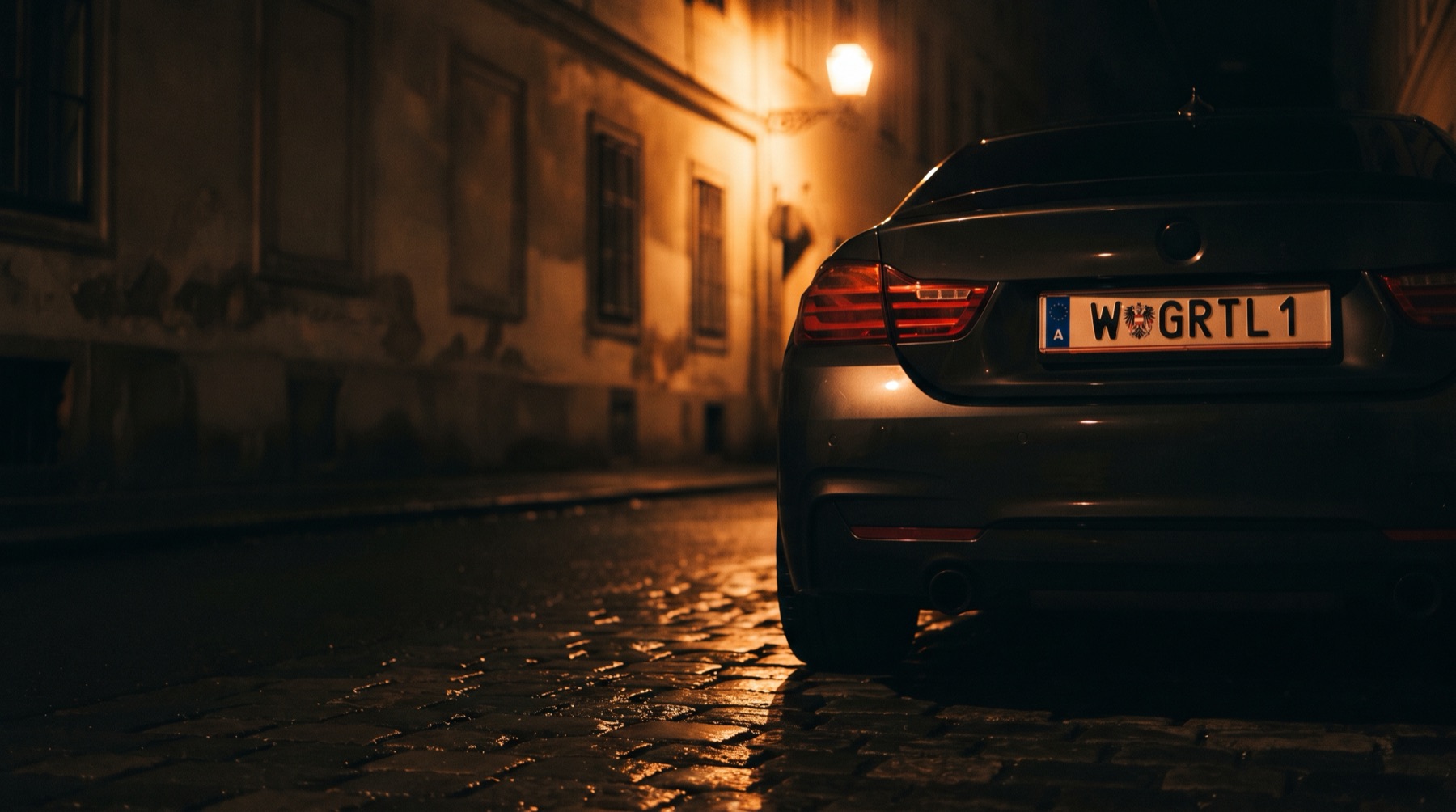 Das Heck eines dunklen Autos mit Kennzeichen in einer Wiener Gasse bei Nacht, daneben eine Laterne.