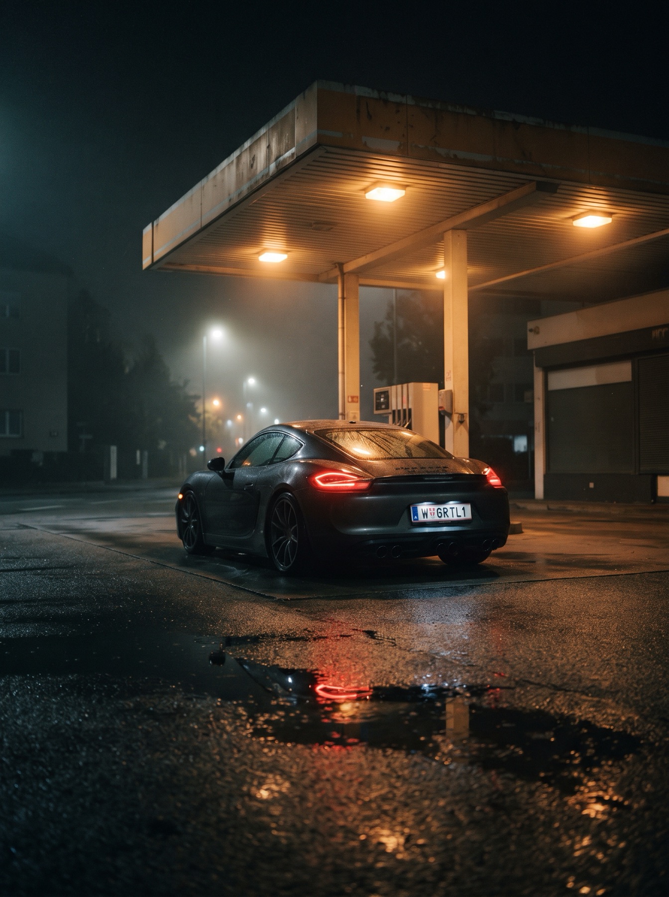 Eine Tankstelle bei Nacht im Nebel, darunter steht ein dunkles Sportcoupé mit Kennzeichen W GRTL1.