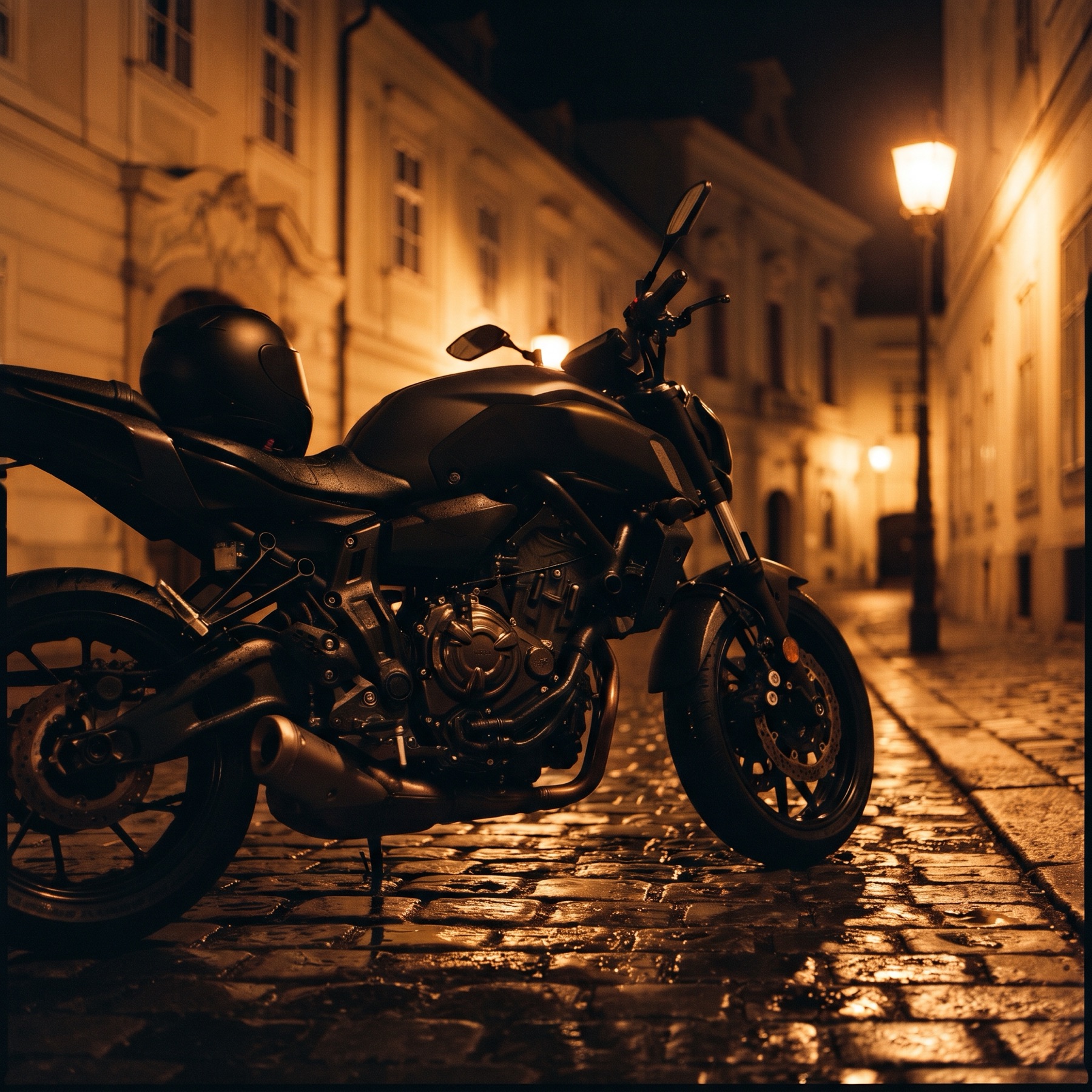 Ein dunkles Motorrad mit Helm auf dem Sitz, nachts auf nassem Kopfsteinpflaster in einer Wiener Gasse.